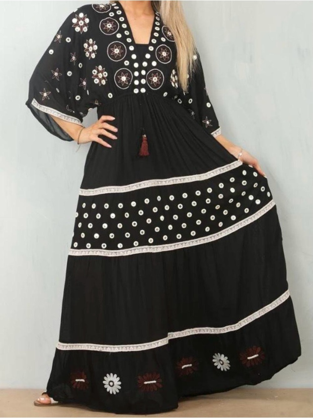 Boho Black Embroidered Maxi Dress with Tassel Tie